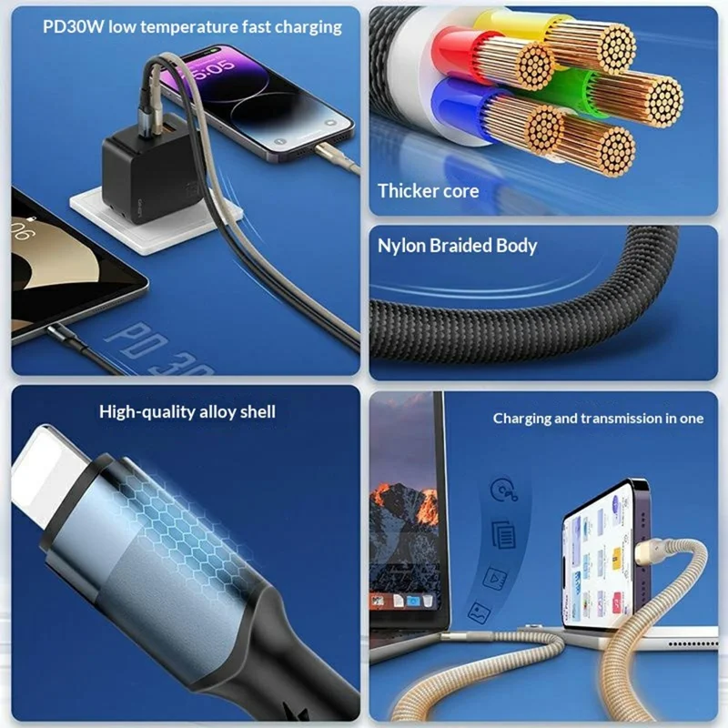 LDNIO LC351i 1m USB-C to iP (5-14) Braided Cable 30W Fast Charging Data Cable with Reinforced Metal Connector for iPhone - Titanium Gold