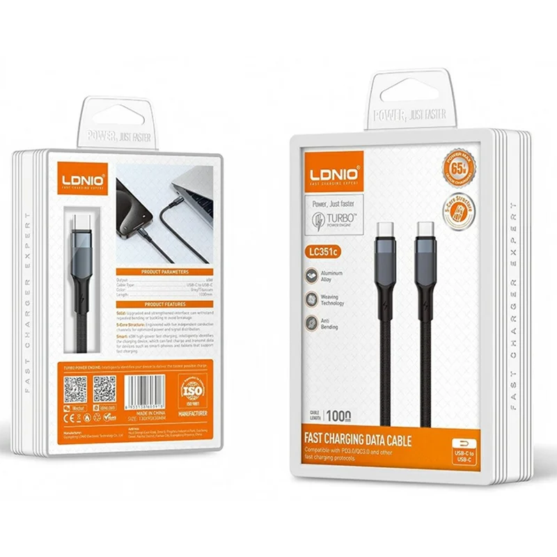 LDNIO LC351c 1m USB-C to USB-C Braided Cable 65W Fast Charging Data Cable with Reinforced Metal Connector - Titanium Gold