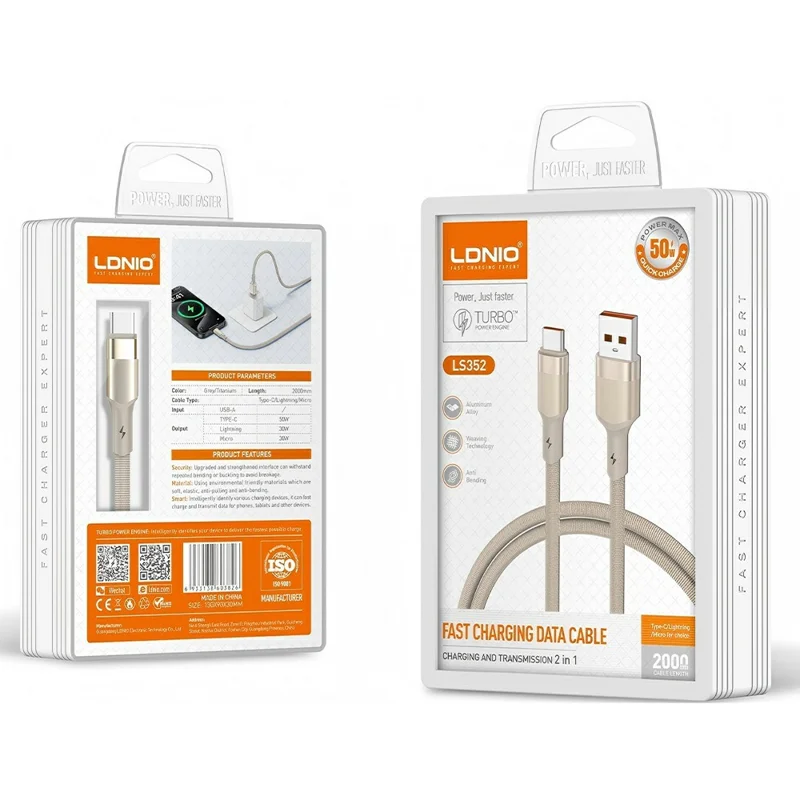 LDNIO LS352-C 2m USB-A to Type-C Braided Cable 50W Fast Charging Metal Connector High-Speed Date Cord - Black