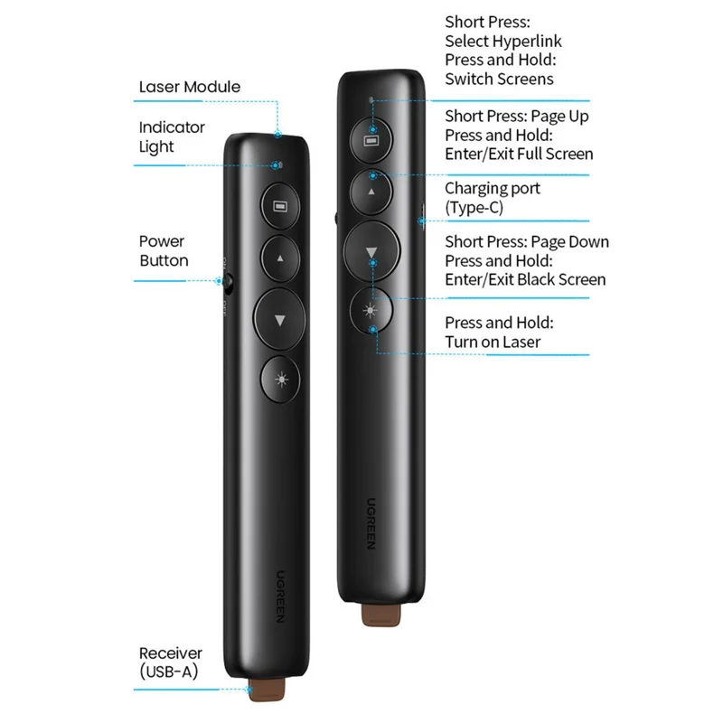 UGREEN LP479 50654 Laser Pointer PPT Presenter 100m Range 2.4GHz Wireless Remote for Presentation Teaching - Black