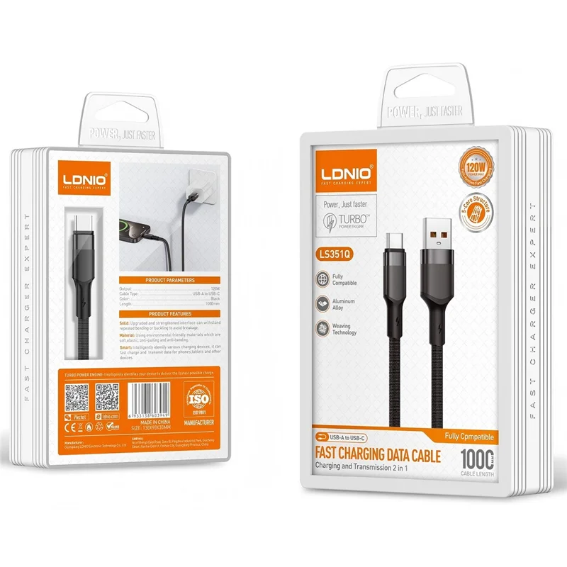 LDNIO LS351Q 1m USB-A to Type-C Braided Cable 120W Fast Charging Data Cable with Reinforced Metal Connector - Black