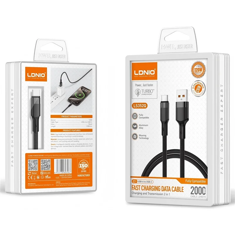 LDNIO LS352Q 2m USB-A to Type-C Cable 120W Fast Charging Braided Data Cable for iPhone Android - Black