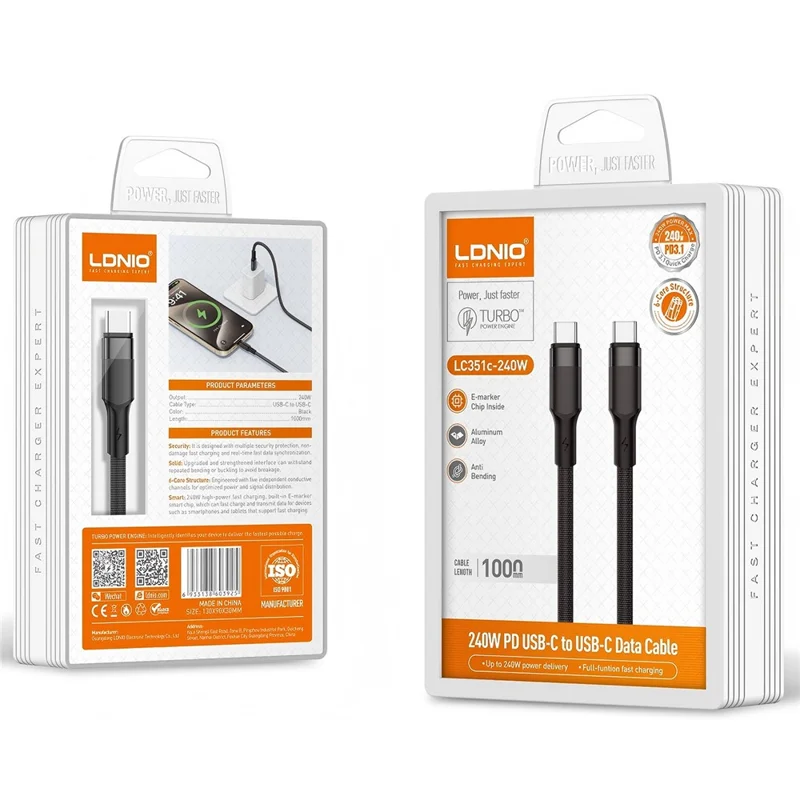 LDNIO LC351c 1m USB-C to USB-C Cable 240W PD Fast Charging Braided Data Cable for Laptop Phone - Black