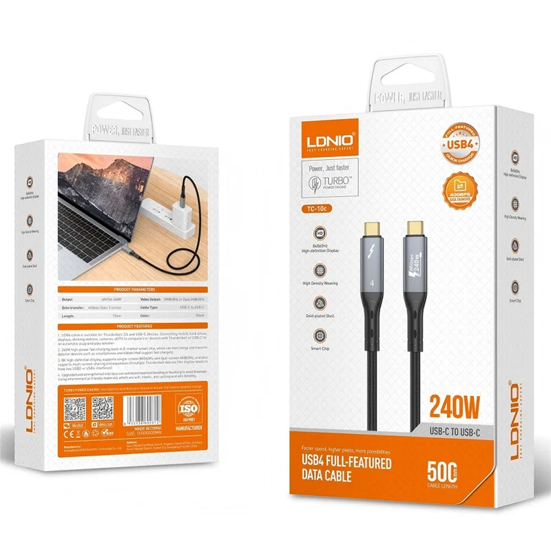 LDNIO TC10c 50cm Cable USB4.0 USB-C a USB-C Carga Rápida 240W Video 8K Cable de Transferencia de Datos 40Gbps Compatible con Thunderbolt 3 / 4 - Negro