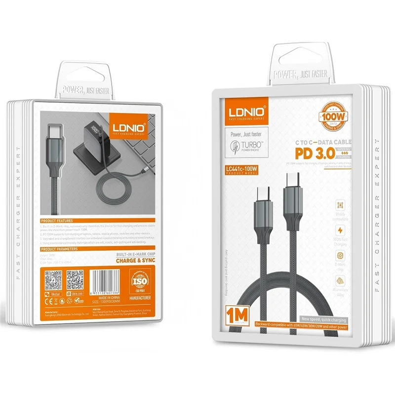 LDNIO LC441c-100W 1m USB-C to USB-C Cable 100W PD Fast Charging Braided Data Cable for Laptop Phone - Grey