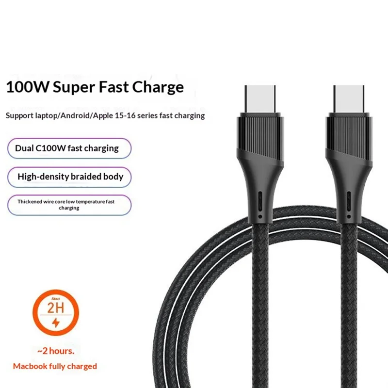 LDNIO LC631c-100W 1m USB-C to USB-C Cable 100W PD Fast Charging Braided Data Cable for Laptop Phone - Grey - Black