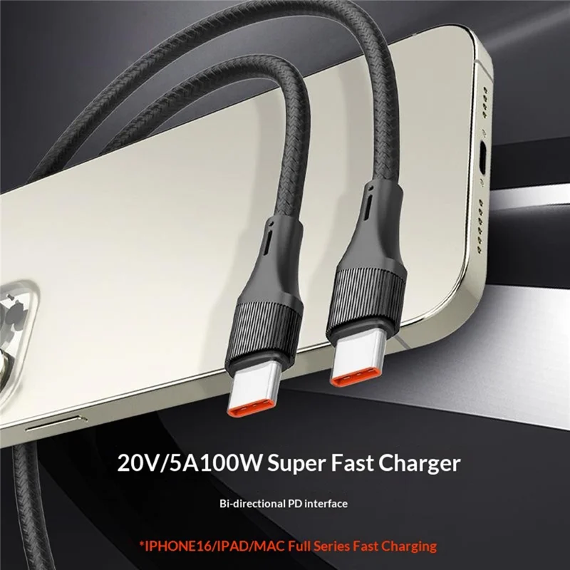 LDNIO LC631c-100W 1m USB-C to USB-C Cable 100W PD Fast Charging Braided Data Cable for Laptop Phone - Grey - Black