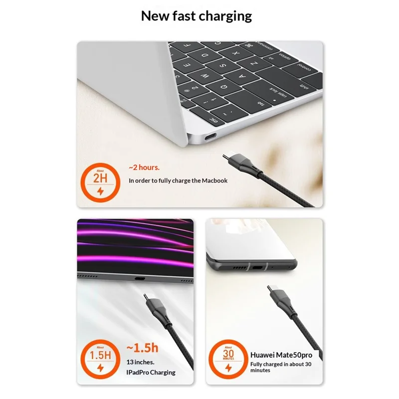 LDNIO LC631c-100W 1m USB-C to USB-C Cable 100W PD Fast Charging Braided Data Cable for Laptop Phone - Grey - Black