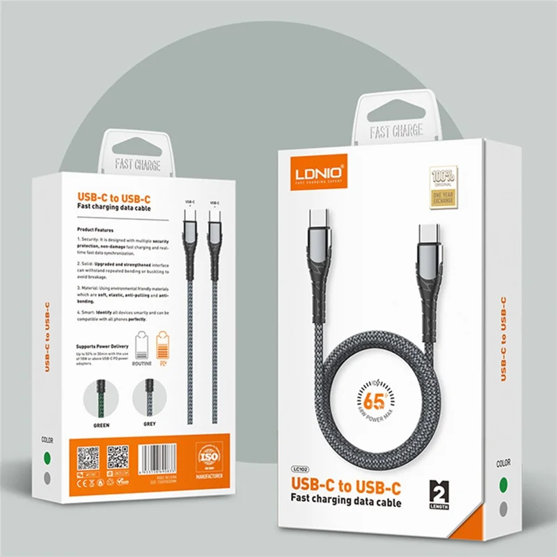 LDNIO LC101 2m USB-C to USB-C Cable 65W PD Fast Charging Braided Data Cable for Phone Tablet - Grey