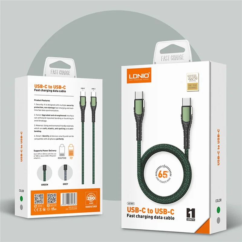 LDNIO LC101 Cable USB-C a USB-C de 2 m, cable trenzado de datos con carga rápida PD de 65 W para teléfono y tableta - Verde