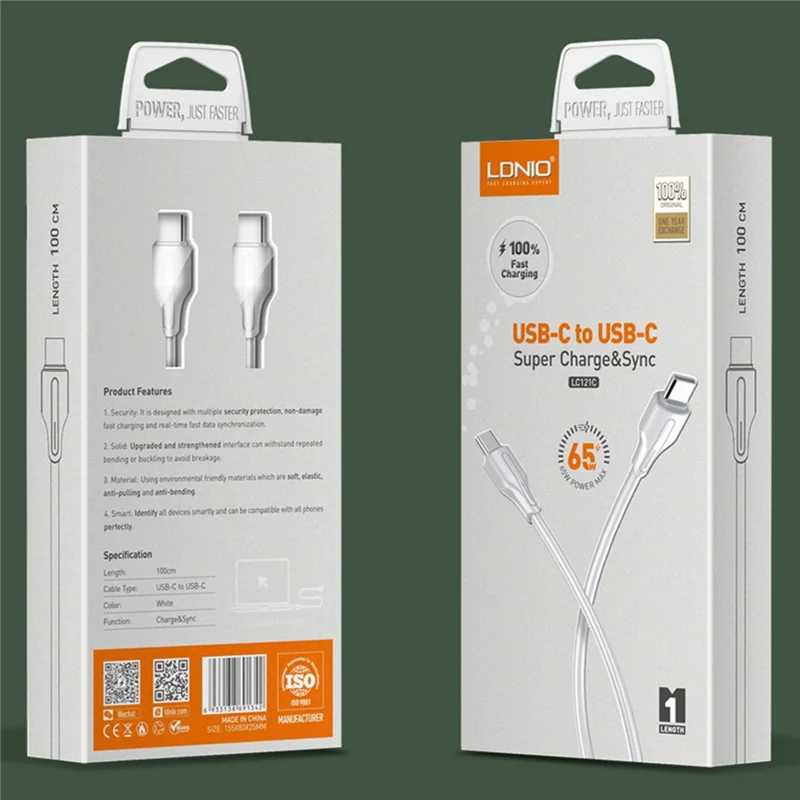 LDNIO LC121-C 1m USB-C to USB-C Cable 65W PD  /  QC Fast Charging Data Cord for Huawei Xiaomi Honor - White