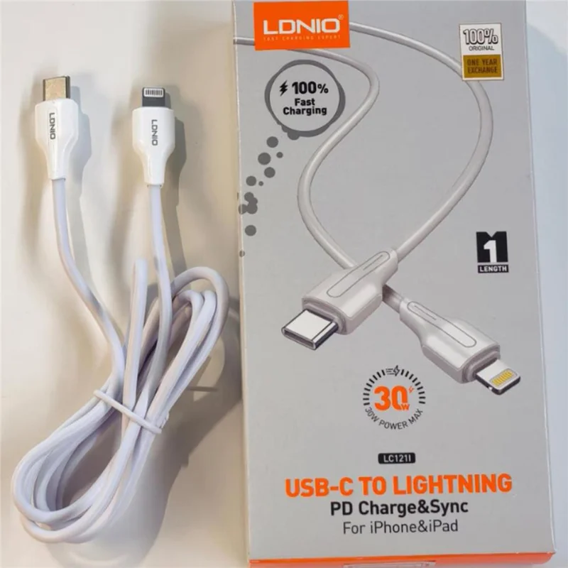 LDNIO LC121-I 2m USB-C to iP (5-14) Cable 30W PD  /  QC Fast Charging Data Cable for iPhone iPad - White