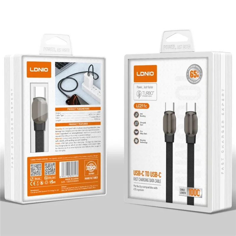 LDNIO LC122-C 1m USB-C to USB-C Cable PD 65W Fast Charging Braided Data Cord for Laptop Tablet Phone - Titanium Gold