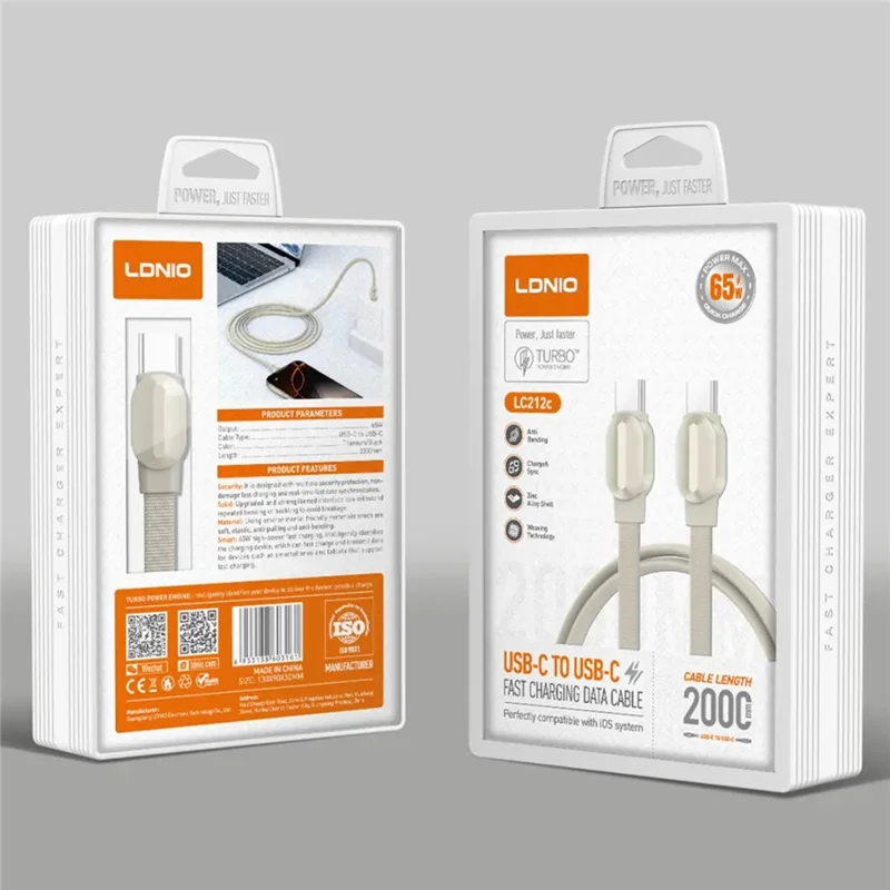 LDNIO LC212C 2m USB-C to USB-C Cable PD 65W Fast Charging Braided Data Cable for Laptop Tablet Phone - Titanium Gold