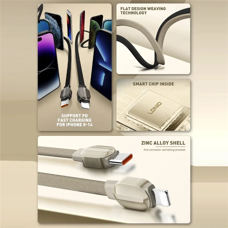 LDNIO LC211i 1m Type-C to iP (5-14) Cable PD 30W Fast Charging Braided Data Cable for iPhone 8-14 - Titanium Gold