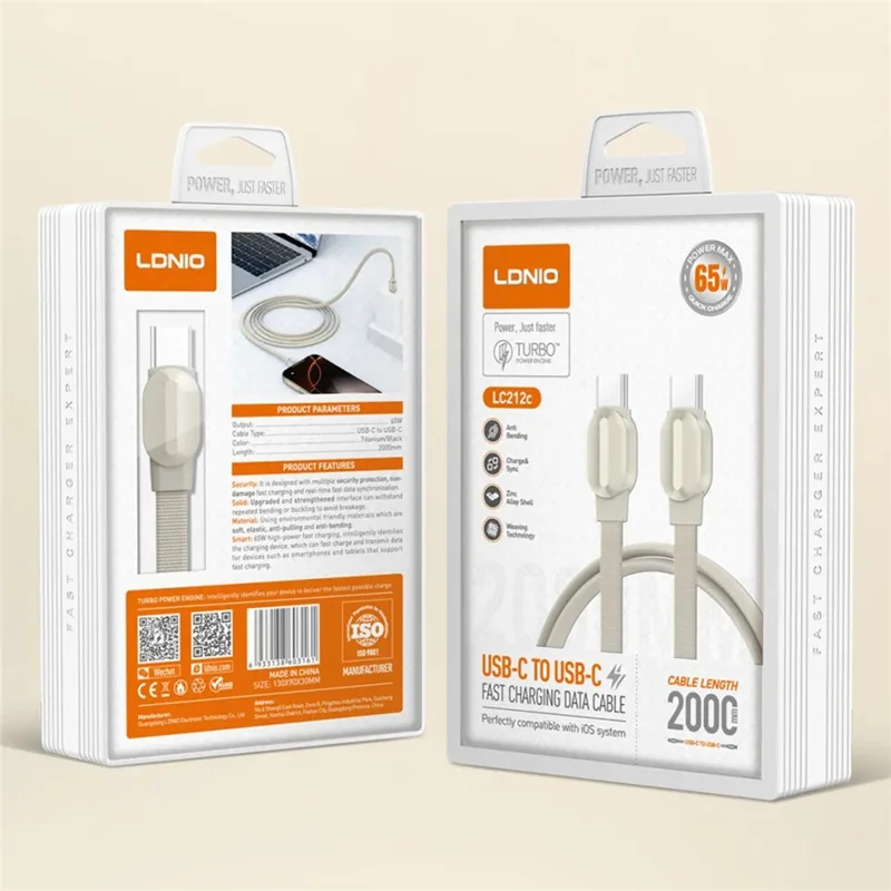 LDNIO LC212i 2m USB-C to iP (5-14) Cable PD 30W Fast Charging Briaded Data Cord for iPhone 8-14 iPad - Titanium Gold