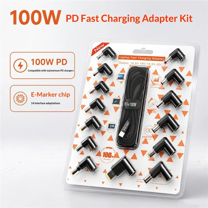 100W PD snabbladdningskabel Kit USB-C till DC-adapterkabel med 14 st DC-adapter för bärbar dator