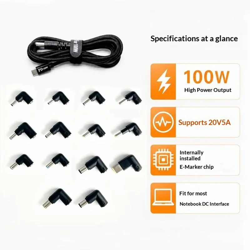 100W PD snabbladdningskabel Kit USB-C till DC-adapterkabel med 14 st DC-adapter för bärbar dator
