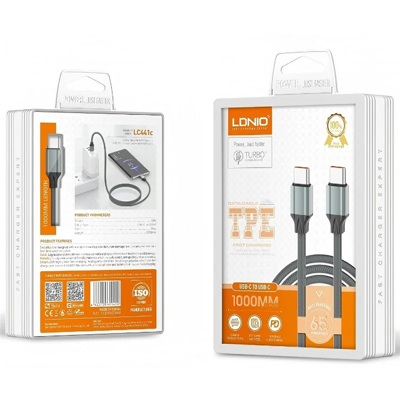 LDNIO LC441C 1m USB-C to USB-C Cable 65W PD Fast Charging Braided Data Cable for iPhone 15 Series - Grey