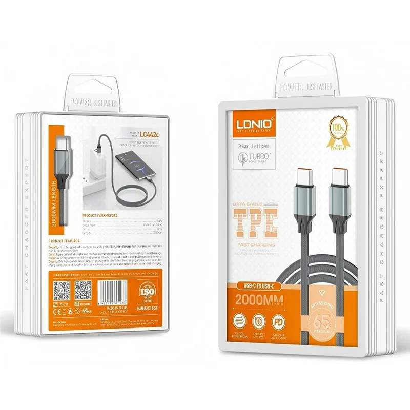 LDNIO LC442C 2m USB-C to USB-C Cable 65W PD Fast Charging Braided Data Cable for iPhone 15 Series - Grey