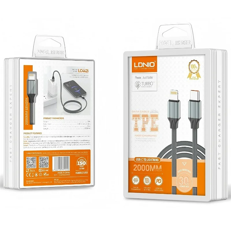 LDNIO LC442i 2m Type-C to Lightning Cable 30W PD Fast Charging Braided Data Cable for iPhone iPad - Grey