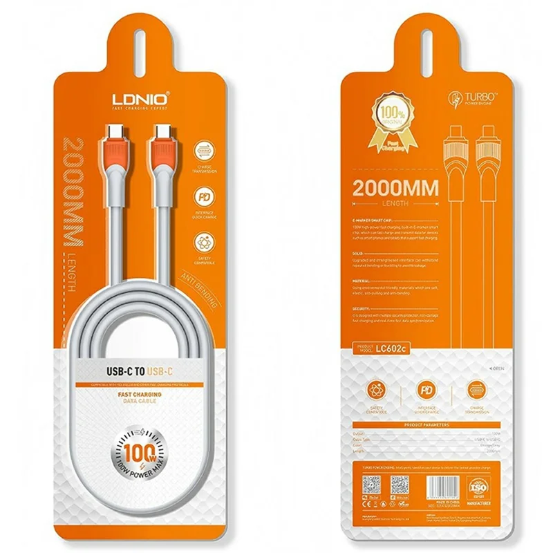LDNIO LC602C 2 m 100 W Cable de Carga Súper Rápida Tipo C a Tipo C Cable de Datos Trenzado para Teléfonos y Portátiles - Naranja