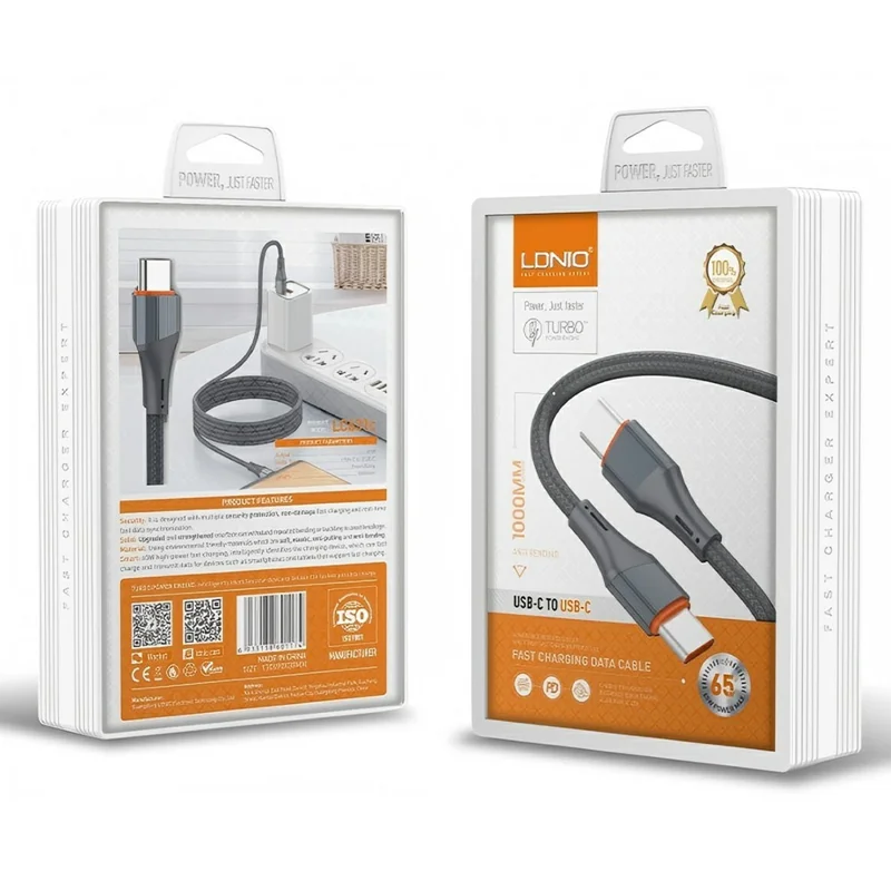 LDNIO LC631C 1m 65W USB-C to USB-C Fast Charging Cable TPE Braided Cord for iPhone 15 Series Android Tablets Laptops - Grey