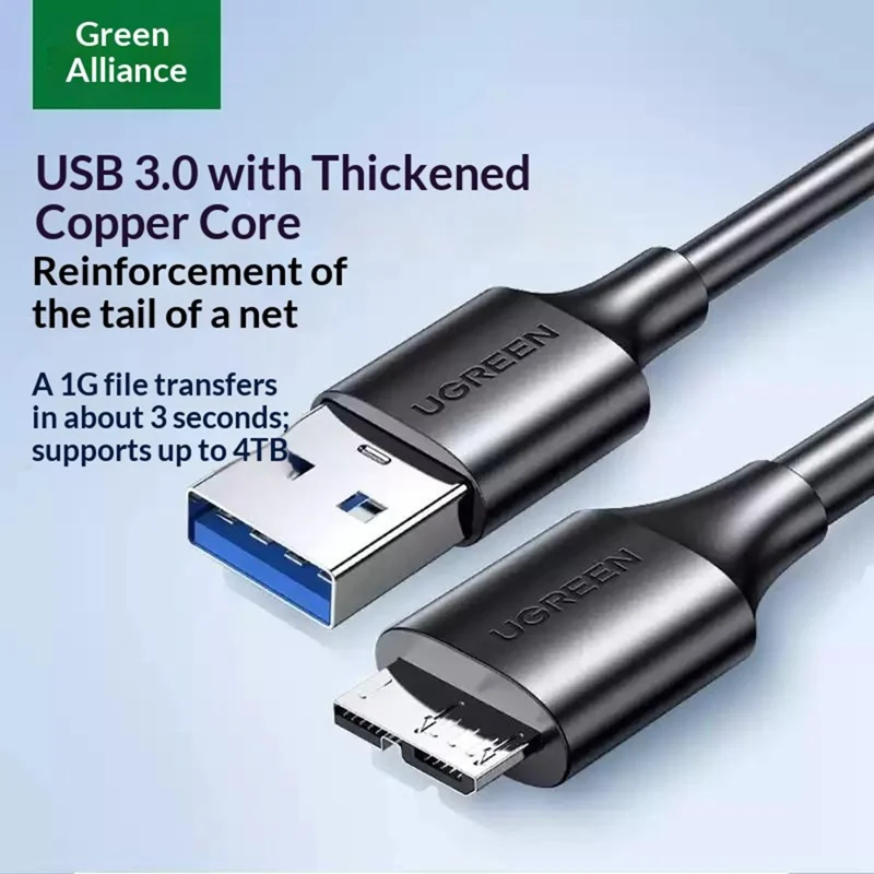 UGREEN US130 50cm USB 3.0 Type-A to Micro-B Adapter Cable 5Gbps 3A for External Hard Drive - Black
