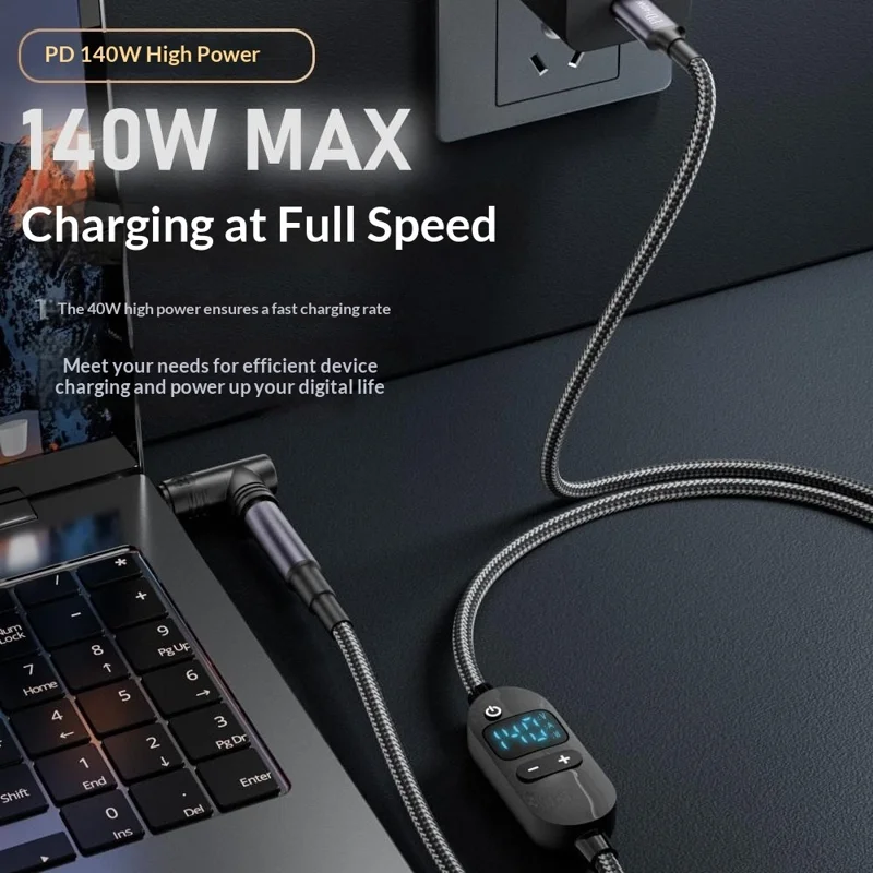 K595-10 1.5m Type-C to DC Power Cable with 10 Adapters , PD 140W Digital Display Charging Cable - Black