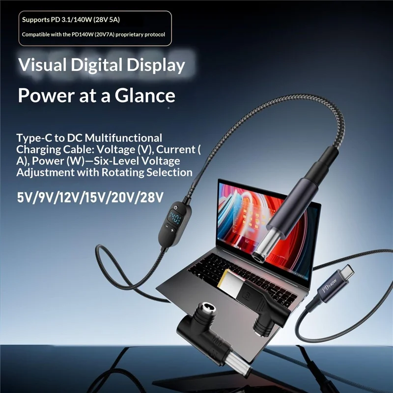 K595-10 1.5m Type-C to DC Power Cable with 10 Adapters , PD 140W Digital Display Charging Cable - Black