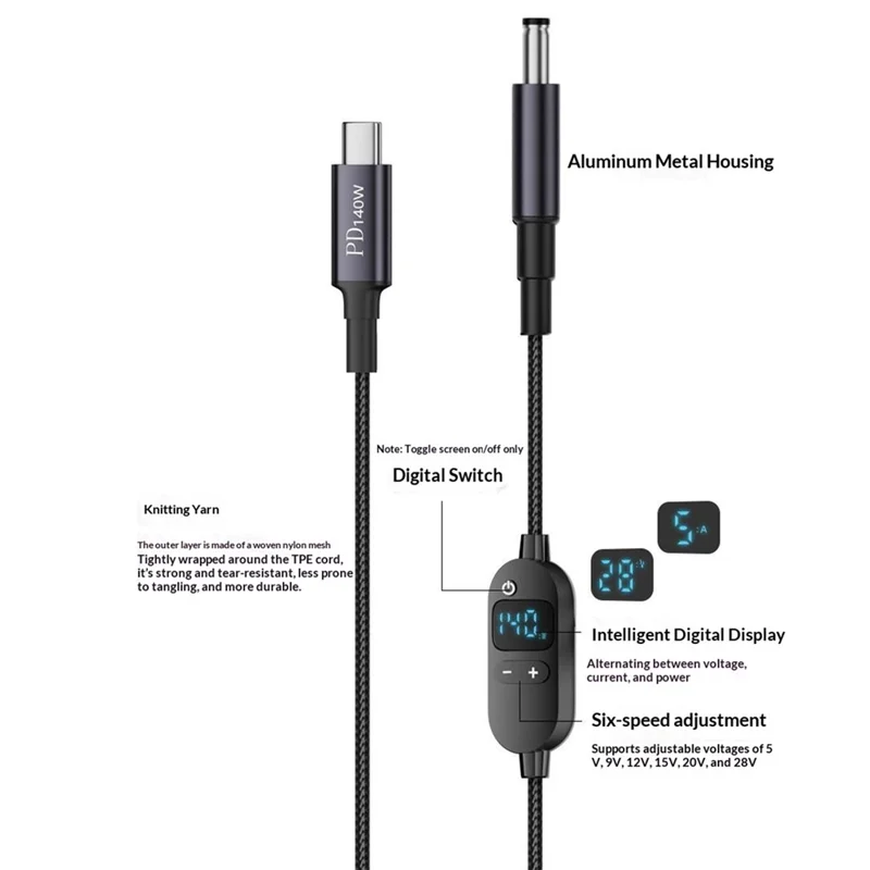 K595-10 1.5m Type-C to DC Power Cable with 10 Adapters , PD 140W Digital Display Charging Cable - Black