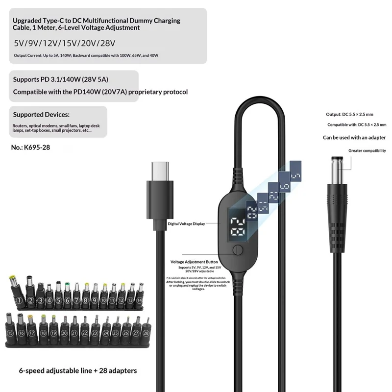 K695-28 1m Type-C to DC PD 140W Charging Cable with 28 Adapters 6-Level Adjustable 5V-28V with LED Voltage Display - Black