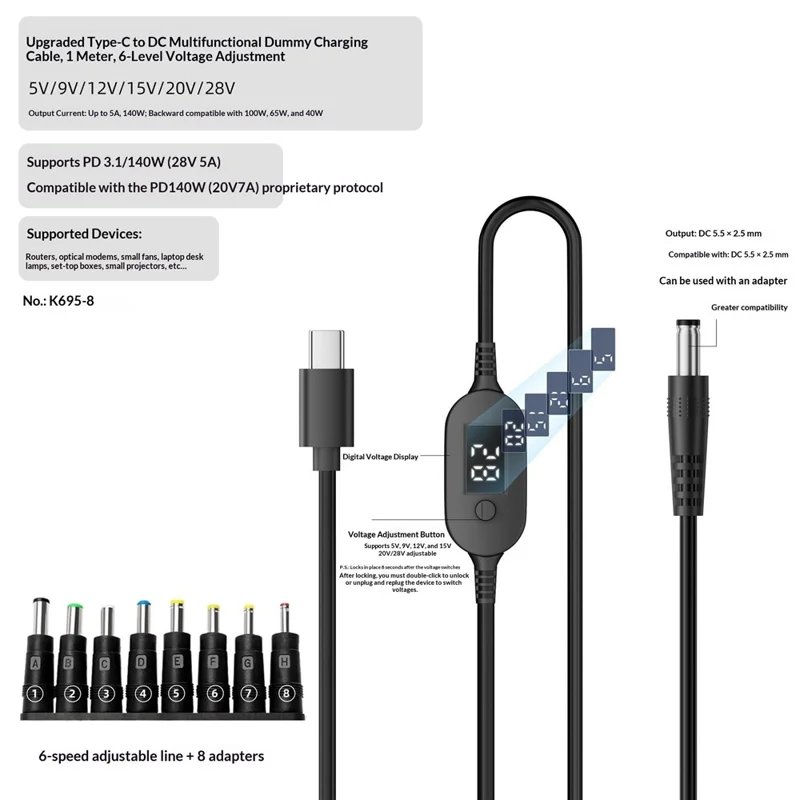 K695-8 1m Type-C to DC PD 140W Charging Cable with 8 Adapters 6-Level Adjustable 5V-28V with LED Voltage Display - Black