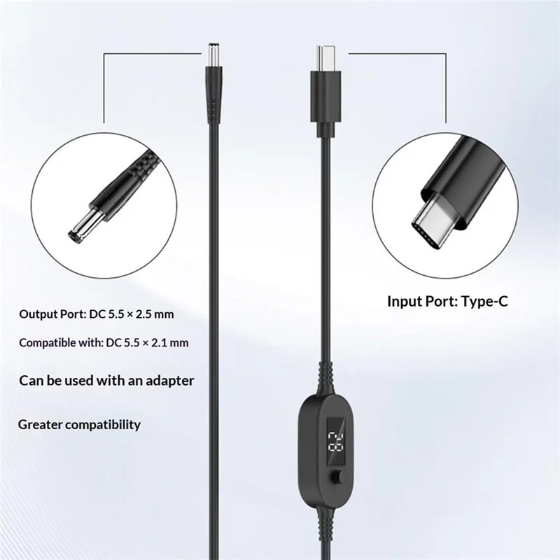 K695-8 1m Type-C to DC PD 140W Charging Cable with 8 Adapters 6-Level Adjustable 5V-28V with LED Voltage Display - Black