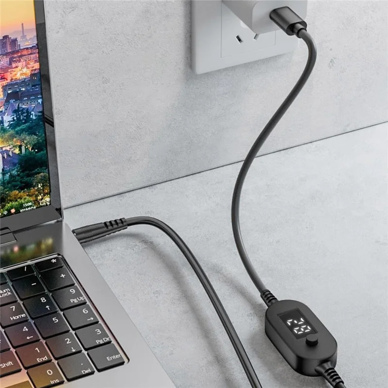 K695-8 1m Type-C to DC PD 140W Charging Cable with 8 Adapters 6-Level Adjustable 5V-28V with LED Voltage Display - Black