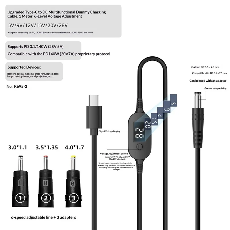 K695-3 1m Type-C to DC PD 140W Charging Cable with 3 Adapters 6-Level Adjustable 5V-28V with LED Voltage Display - Black