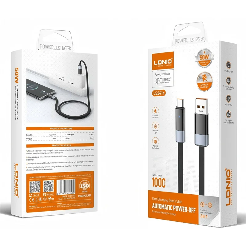 LDNIO LS241-C 1m USB-A to Type-C Cable 30W Fast Charging Auto Power Off LED Indicator for Android Phone Tablet
