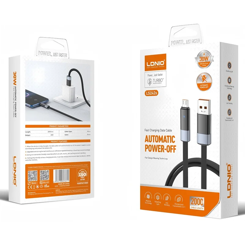 LDNIO LS242-M 2m USB-A to Micro USB Cable 30W Fast Charging Auto Power Off LED Indicator for Android Devices