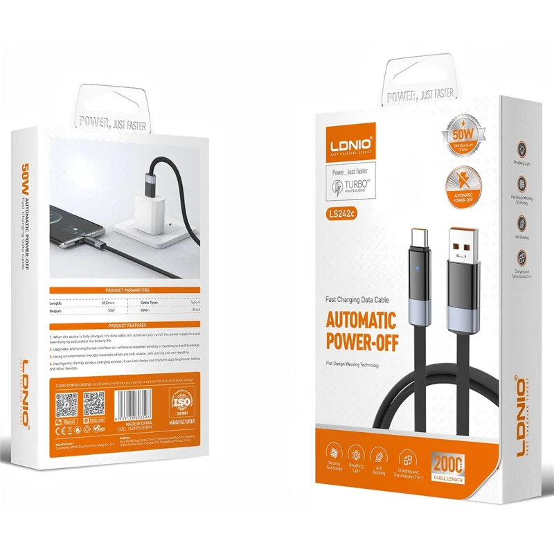 LDNIO LS242-C 2m USB-A to Type-C Cable 50W Fast Charging Auto Power Off LED Indicator for Android Phone Tablet