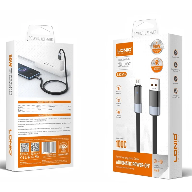LDNIO LS241-M 1m USB-A to Micro USB Cable 30W Fast Charging Auto Power Off Braided  Cable - Grey