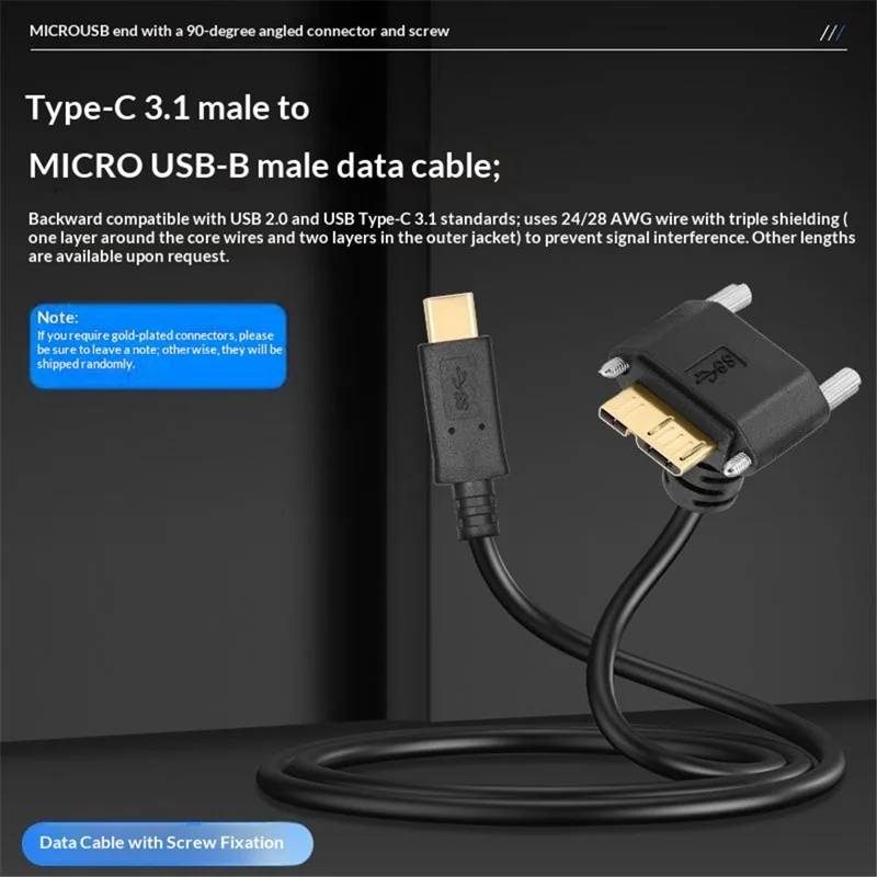 60cm Type-C 3.1 to Micro USB 3.1 90 Degree Angled Cable Data Cord for Industrial Cameras - Black