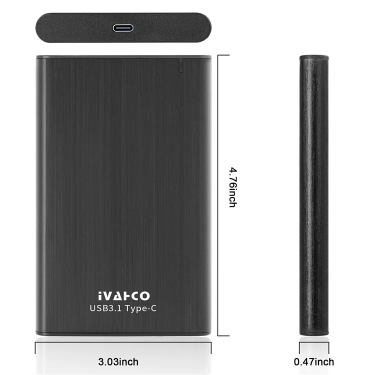 IVAHCO 320GB Type-C USB3.1 Solid State Drive Enclosure Brushed Metal 2.5" HDD External Case - Black