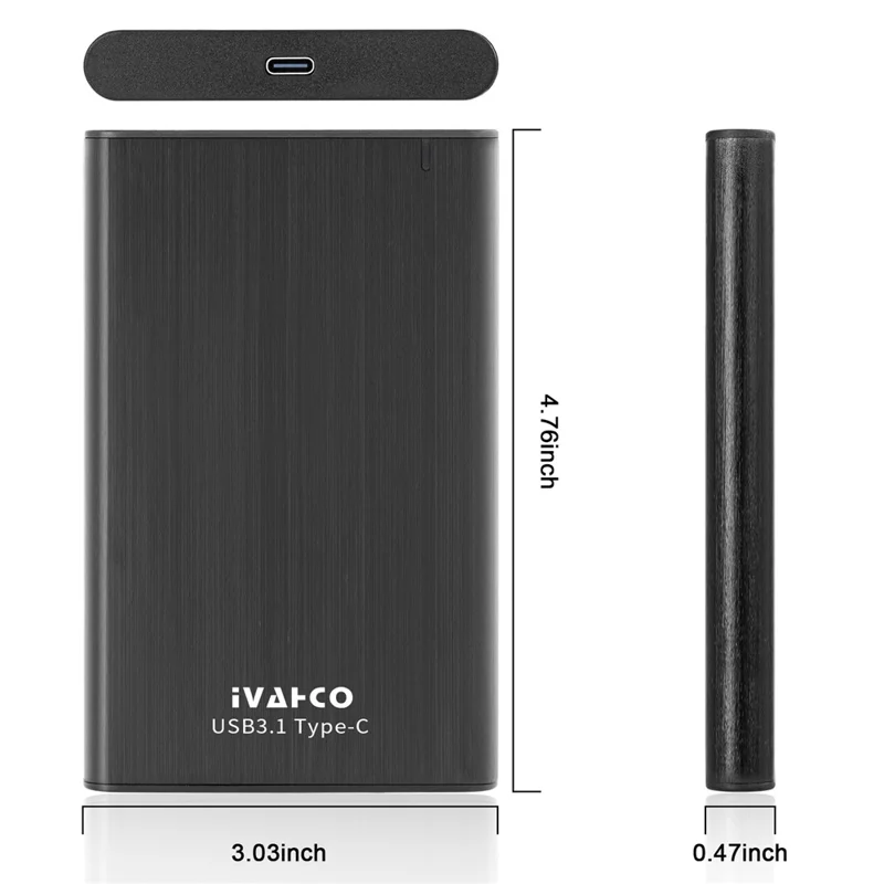 IVAHCO 1TB Type-C USB3.1 2.5" HDD External Case Plug and Play Brushed Metal Solid State Drive Enclosure - Silver