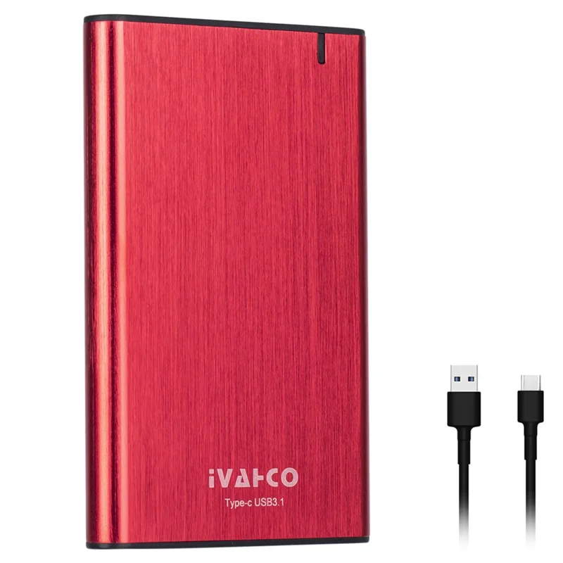 IVAHCO 1TB Type-C USB3.1 2.5" HDD External Case Plug and Play Brushed Metal Solid State Drive Enclosure - Red