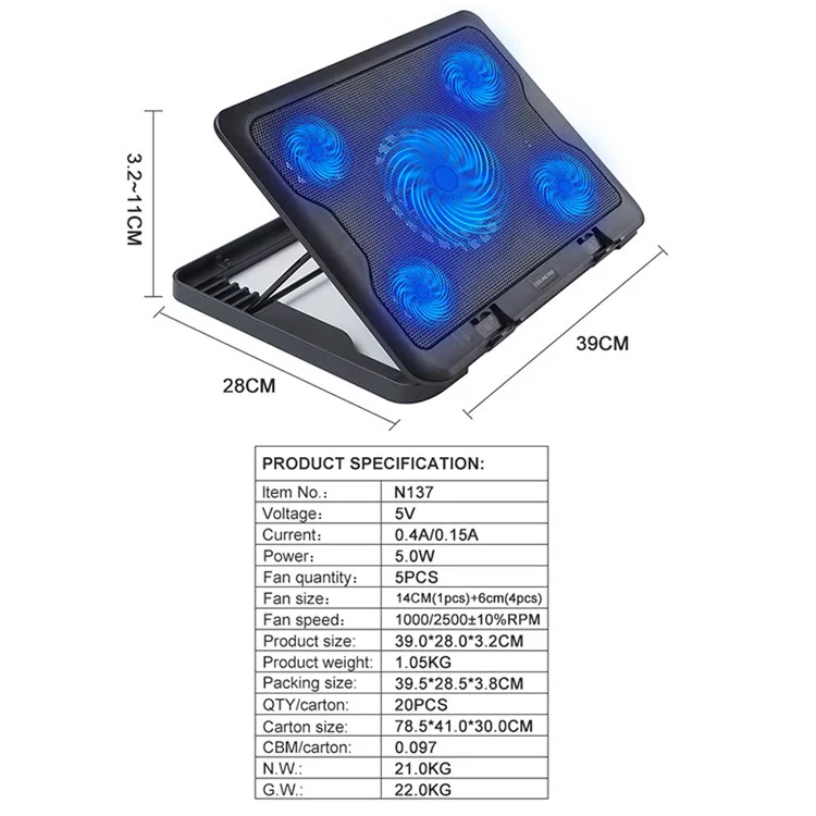 N137 Desktop 5 Cooling Fan Notebook Computer Cooling Pad Laptop Cooler mit verstellbarer Standhalterungsfunktion für Gaming und Arbeit