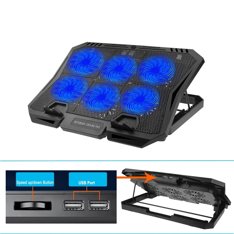 Soporte de refrigeración para portátil con 7 velocidades, 6 ventiladores y luz azul ajustable 