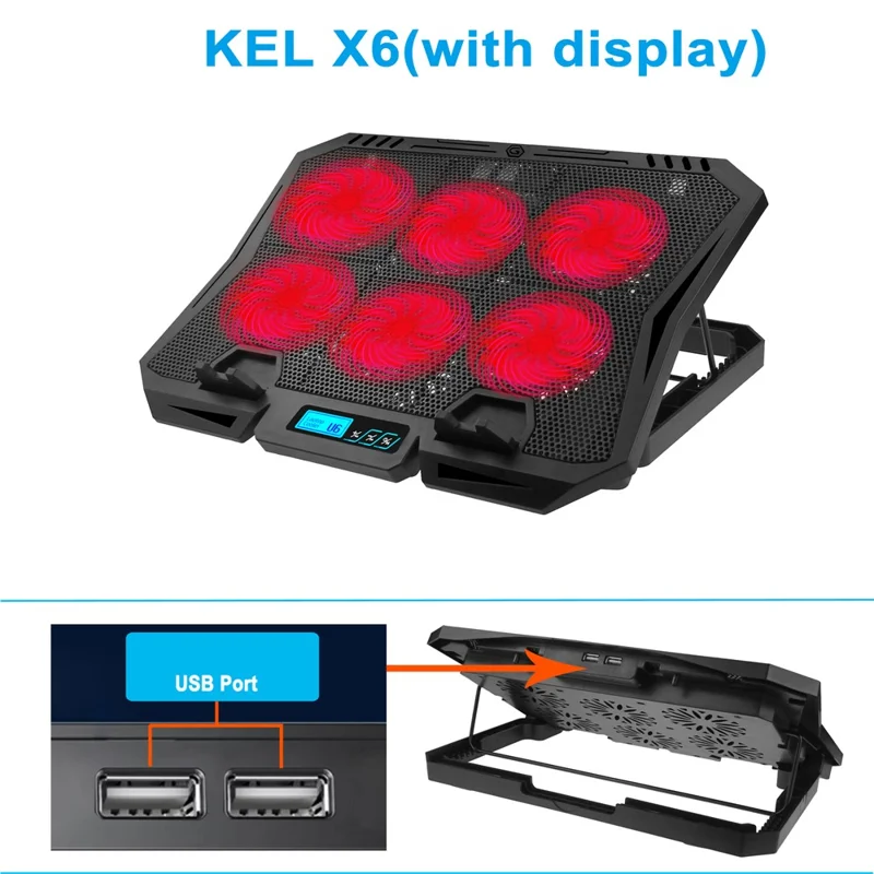 X6A 7-Gear Height Laptop Cooling Pad 6-Fan Radiator Notebook Cooler Stand with Display Screen - Red Light
