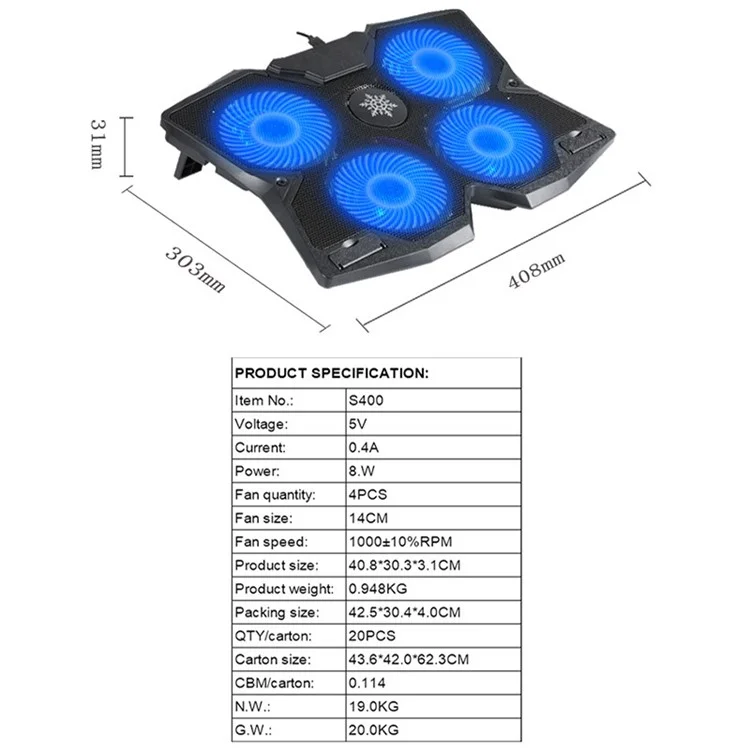 S400 Desktop Notebook Heat Dissipation Base Mute 4-Fan Cooler Stand Laptop Gaming Cooling Pad