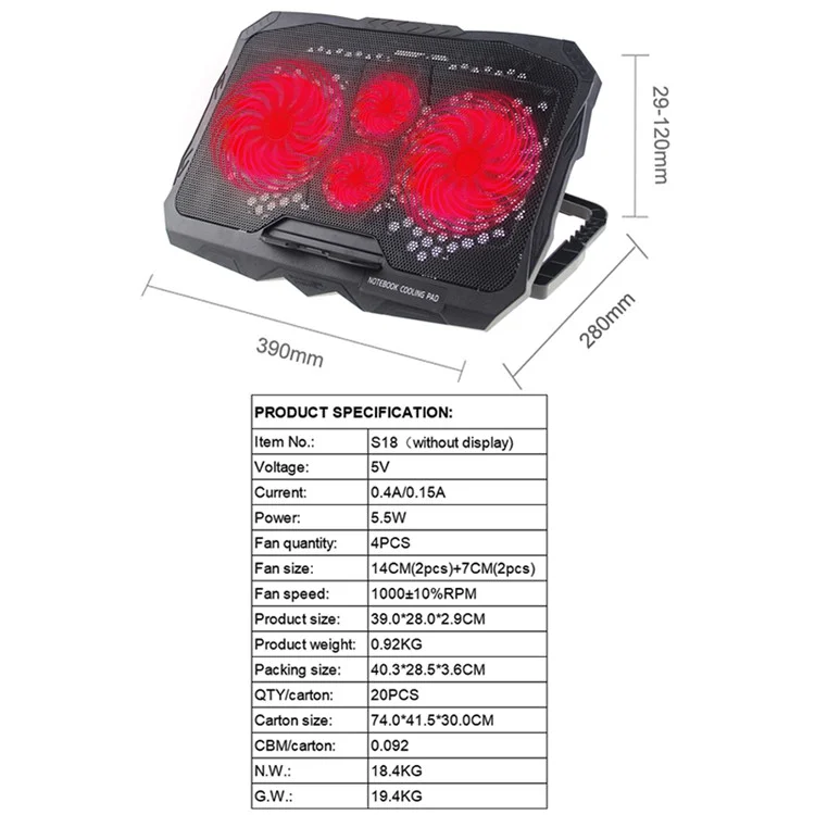 S18 Altura Ajustable Notebook Radidor Radiador 4 Fan Cofryer Desktop Coadering Relading Paders - Luz Roja