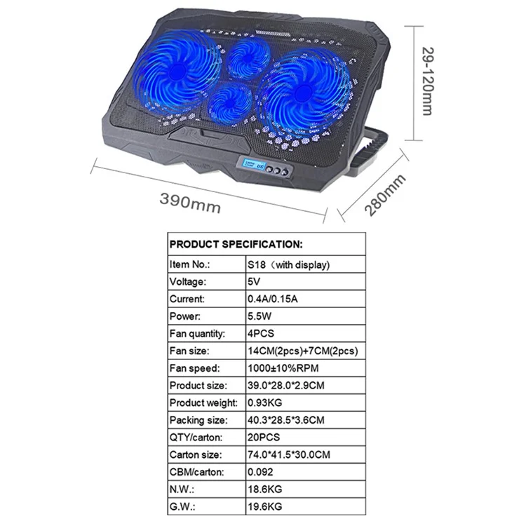 S18 Notebook Router 4-Fan Cooler Radiator Adjustable Wind Speed Laptop Cooling Pad with Display Screen - Blue Light